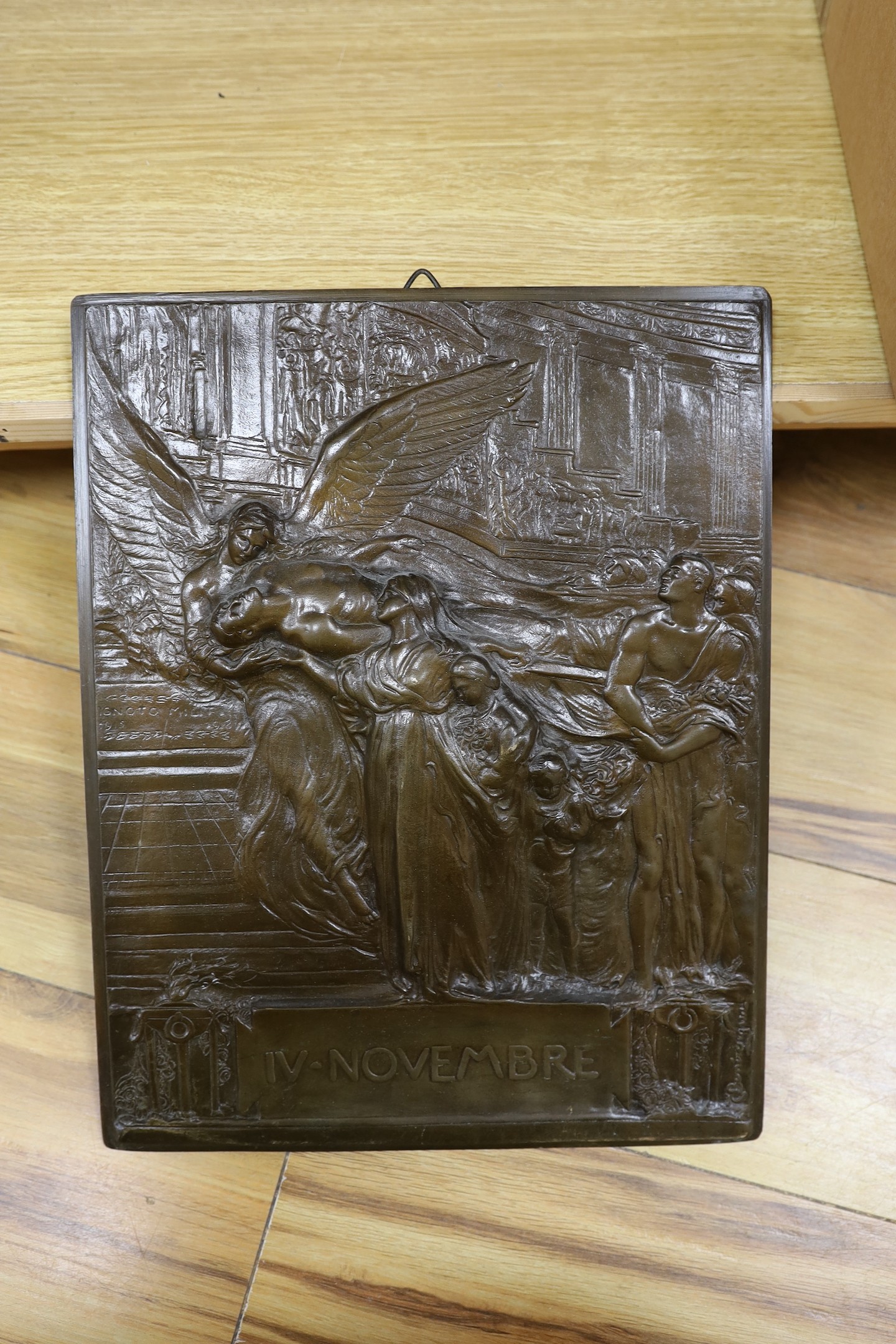 A First World War commemorative bronze plaque together with mixed collection metal and other decorative plaques etc, Commemorative plaque 39 cms high x 32 wide
